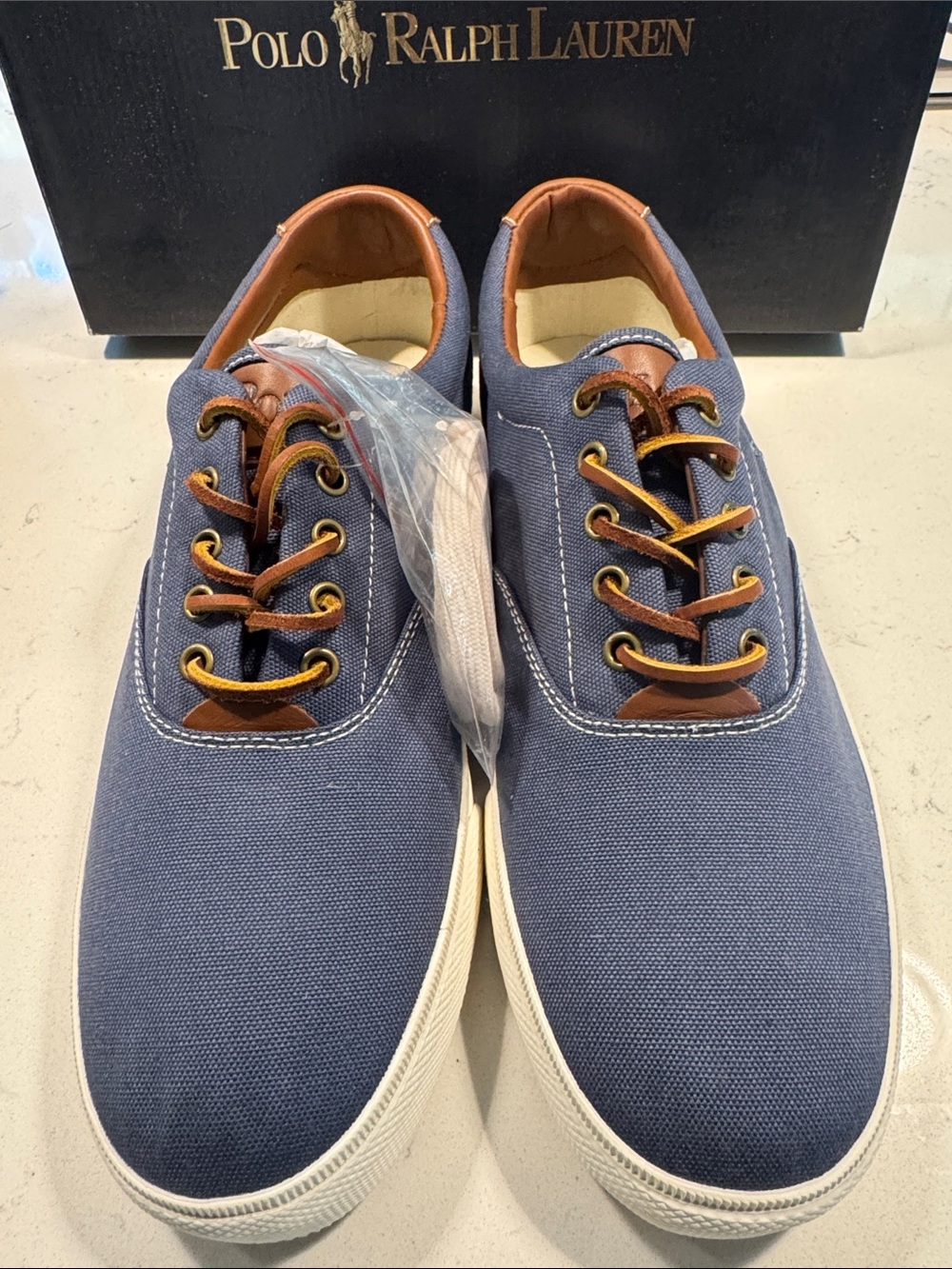 Polo by Ralph Lauren Navy Canvas Boat Shoes with Brown Trim